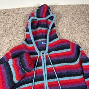 Nua Merino Wool Silk Striped Zip Up Hoodie Sweater Womens Medium Red Blue Purple